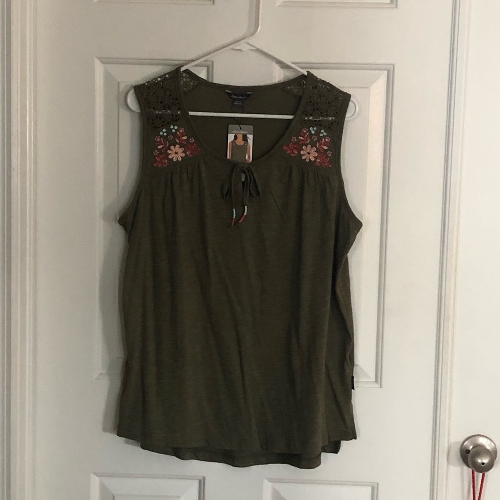 Eddie Bauer Olive Green Tank Top with Floral Detail